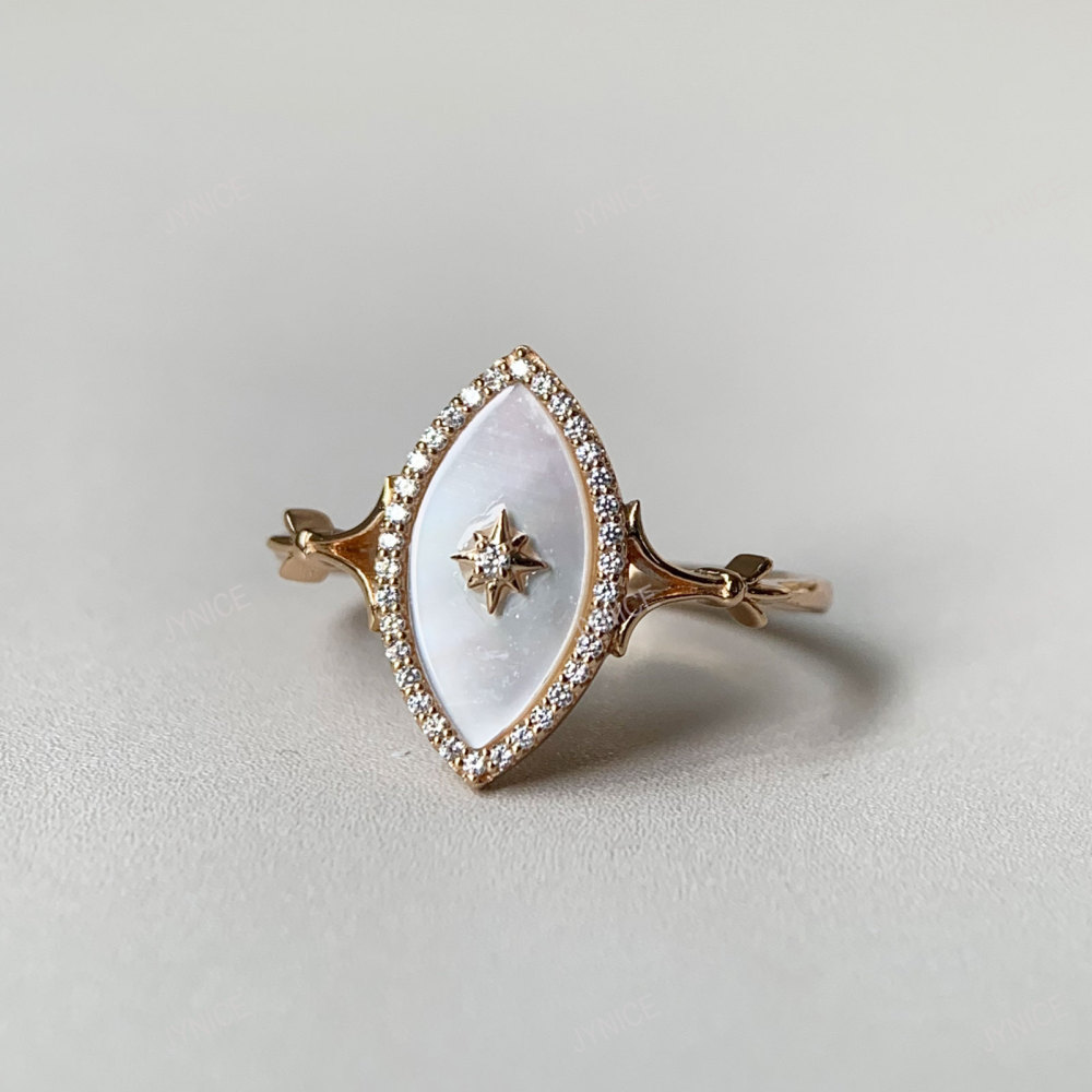 Mother of Pearl Ring Gold Plated Vintage CZ Halo Rings Dainty Art Deco Oval Ring Promise Anniversary Gift