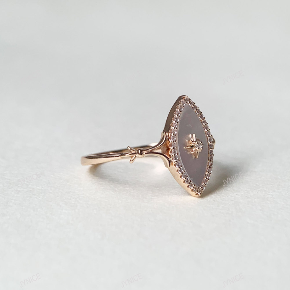 Mother of Pearl Ring Gold Plated Vintage CZ Halo Rings Dainty Art Deco Oval Ring Promise Anniversary Gift