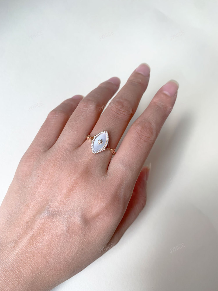 Mother of Pearl Ring Gold Plated Vintage CZ Halo Rings Dainty Art Deco Oval Ring Promise Anniversary Gift