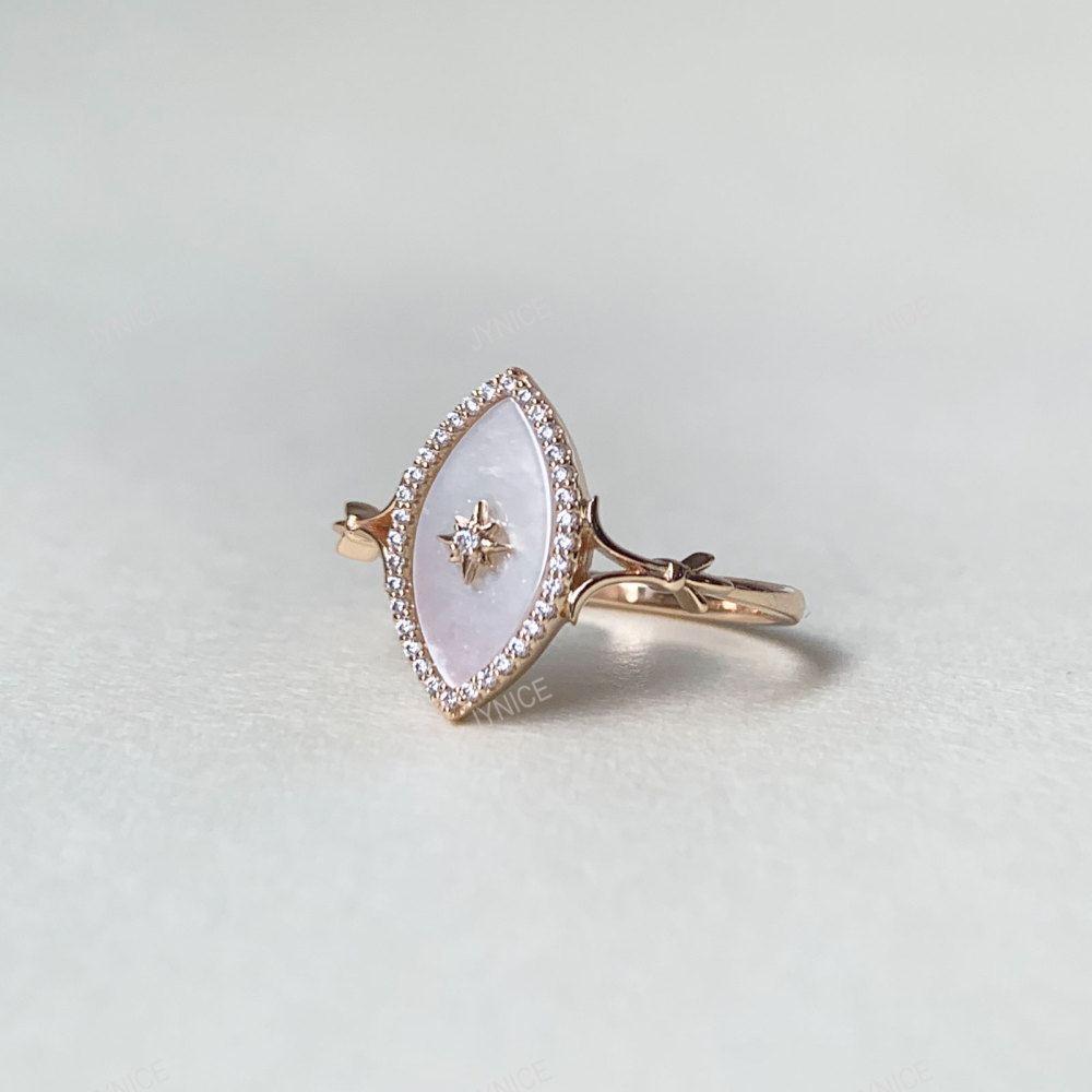 Mother of Pearl Ring Gold Plated Vintage CZ Halo Rings Dainty Art Deco Oval Ring Promise Anniversary Gift