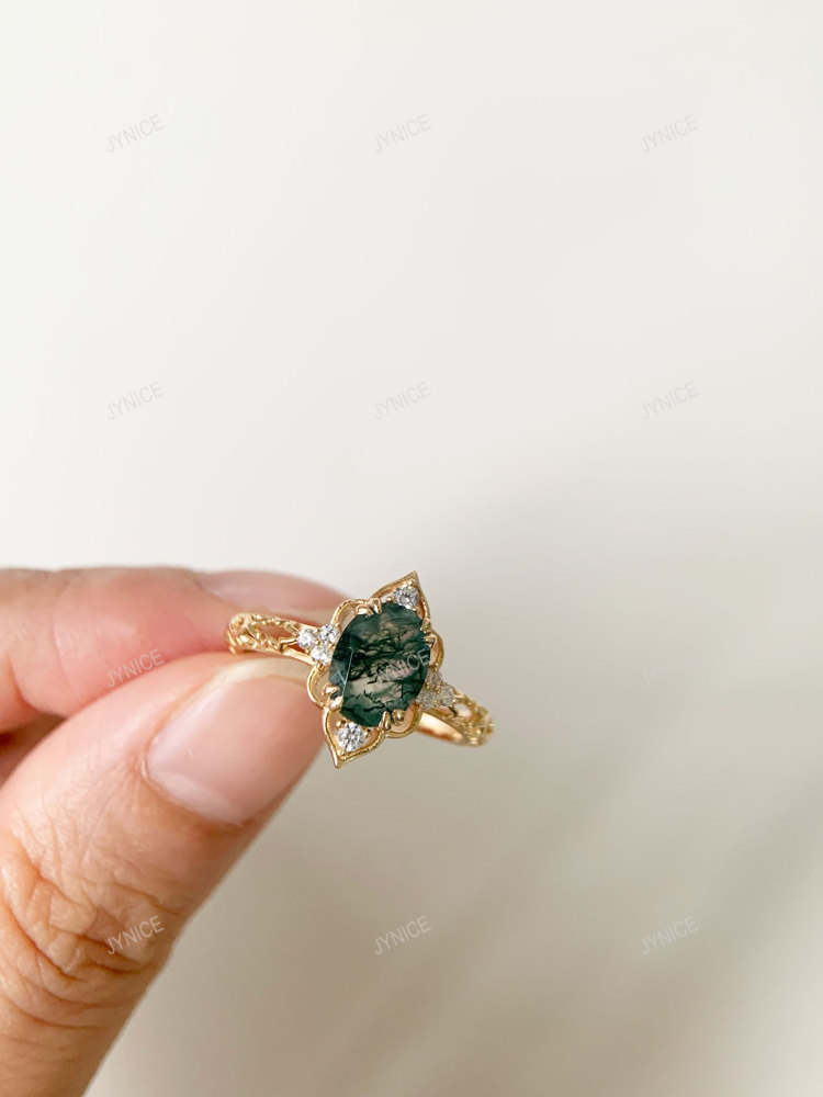 Natural Moss Agate Engagement Ring Vintage Gold Oval Garnet Promise Rings Unique Filigree January Birthstone Wedding Anniversary Jewelry gift for Women