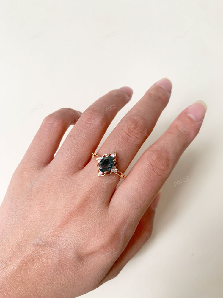 Natural Moss Agate Engagement Ring Vintage Gold Oval Garnet Promise Rings Unique Filigree January Birthstone Wedding Anniversary Jewelry gift for Women