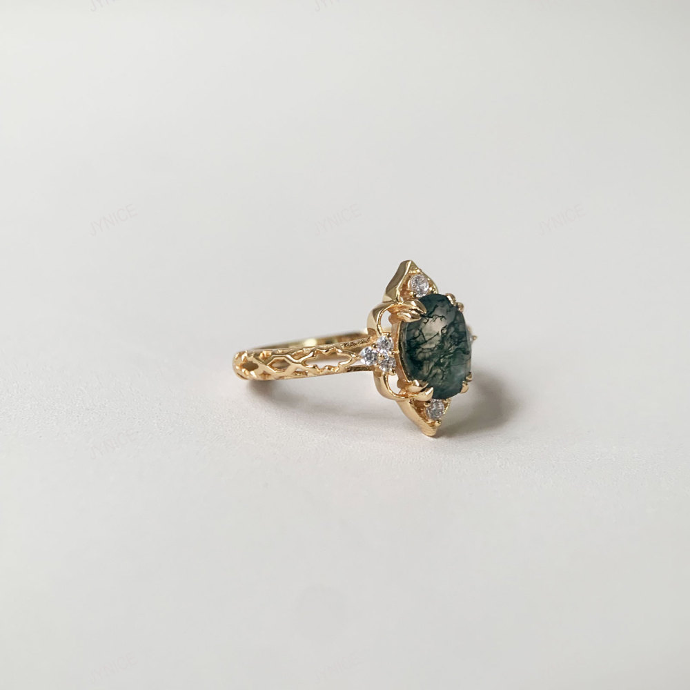 Natural Moss Agate Engagement Ring Vintage Gold Oval Garnet Promise Rings Unique Filigree January Birthstone Wedding Anniversary Jewelry gift for Women