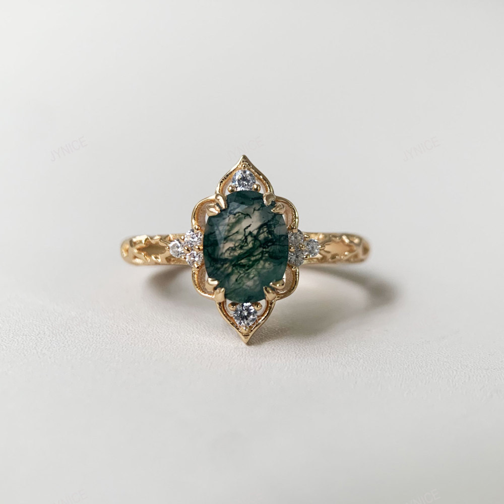 Natural Moss Agate Engagement Ring Vintage Gold Oval Garnet Promise Rings Unique Filigree January Birthstone Wedding Anniversary Jewelry gift for Women