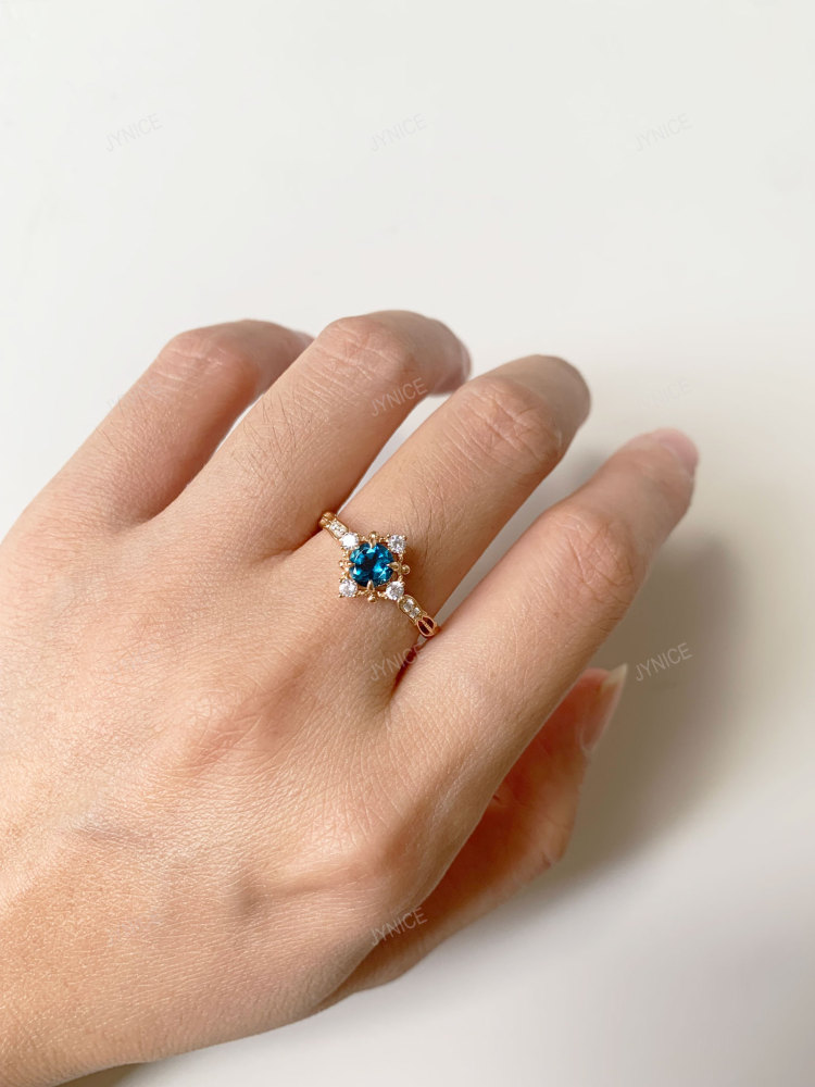 London Blue Topaz Ring Vintage Gold Plated Floral Promise Rings Art Deco November Birthstone Ring CZ Halo Promise Anniversary Jewelry