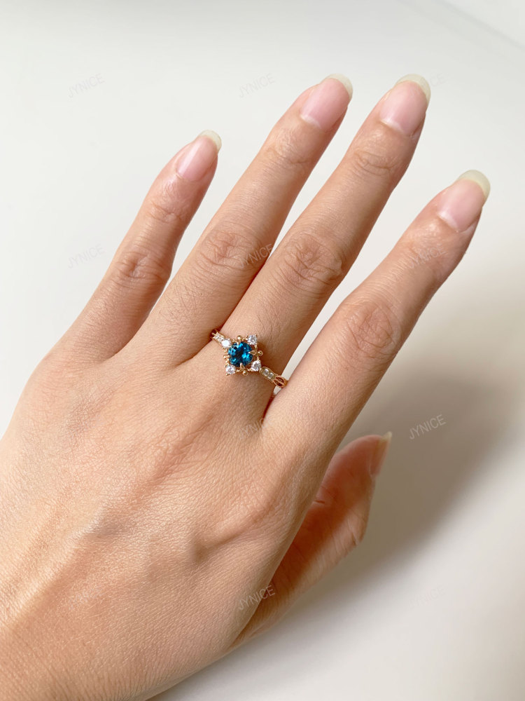 London Blue Topaz Ring Vintage Gold Plated Floral Promise Rings Art Deco November Birthstone Ring CZ Halo Promise Anniversary Jewelry