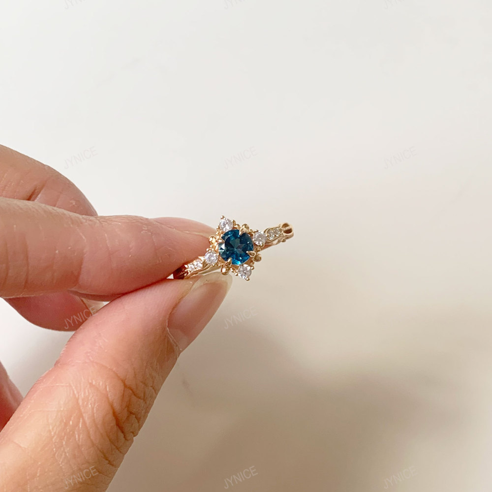 London Blue Topaz Ring Vintage Gold Plated Floral Promise Rings Art Deco November Birthstone Ring CZ Halo Promise Anniversary Jewelry