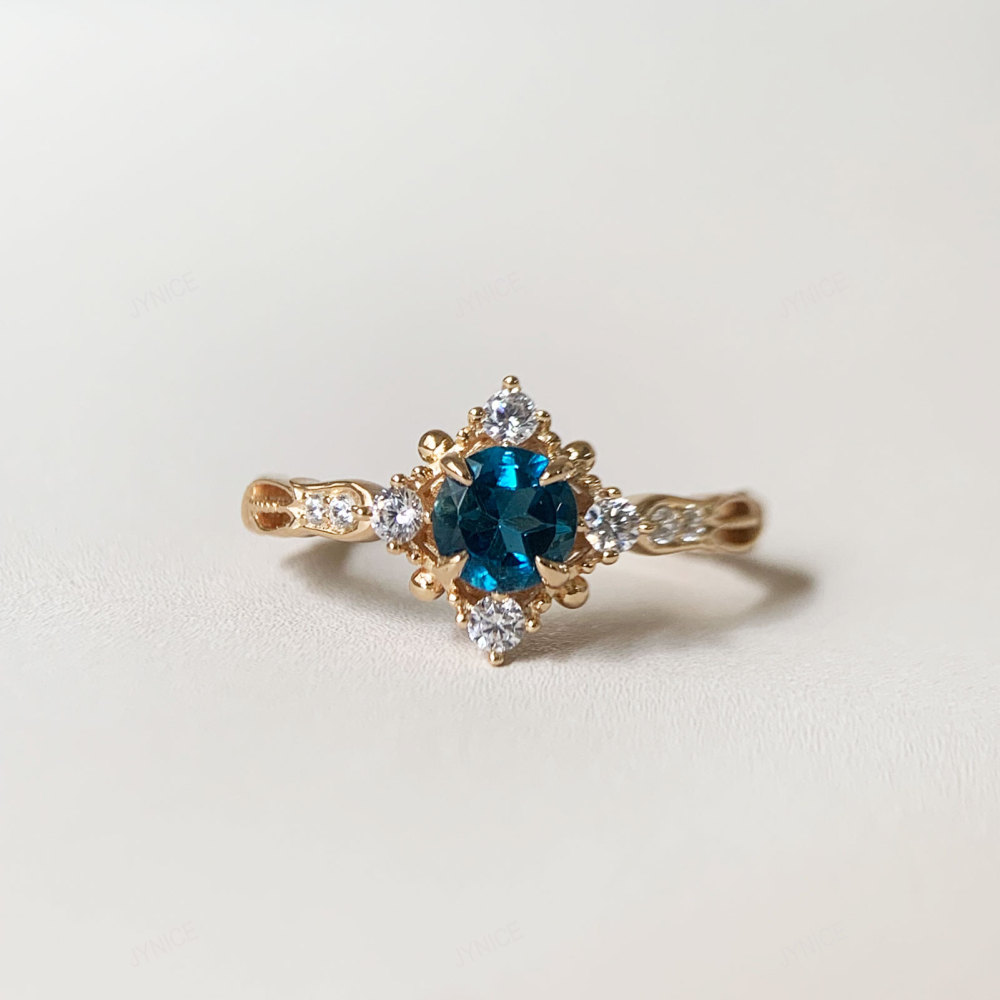 London Blue Topaz Ring Vintage Gold Plated Floral Promise Rings Art Deco November Birthstone Ring CZ Halo Promise Anniversary Jewelry