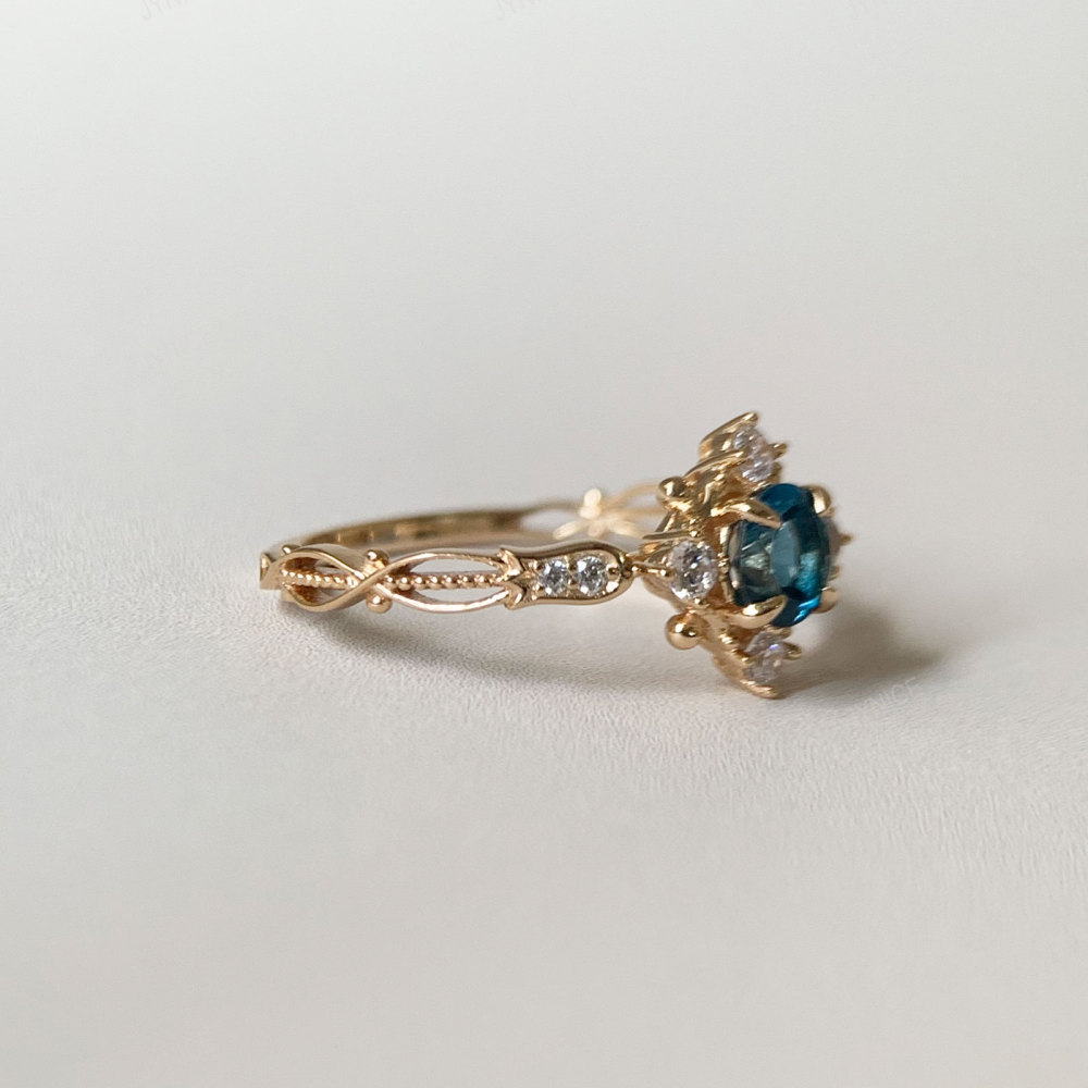 London Blue Topaz Ring Vintage Gold Plated Floral Promise Rings Art Deco November Birthstone Ring CZ Halo Promise Anniversary Jewelry