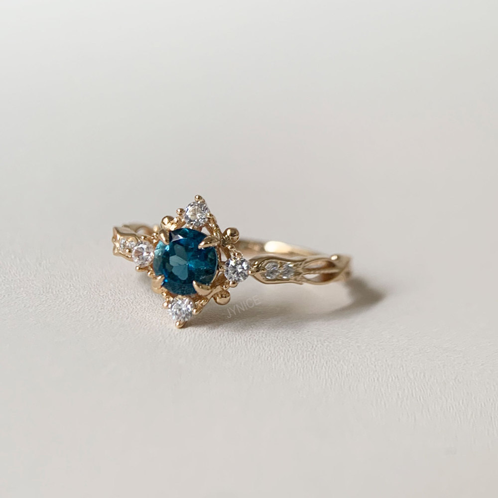 London Blue Topaz Ring Vintage Gold Plated Floral Promise Rings Art Deco November Birthstone Ring CZ Halo Promise Anniversary Jewelry
