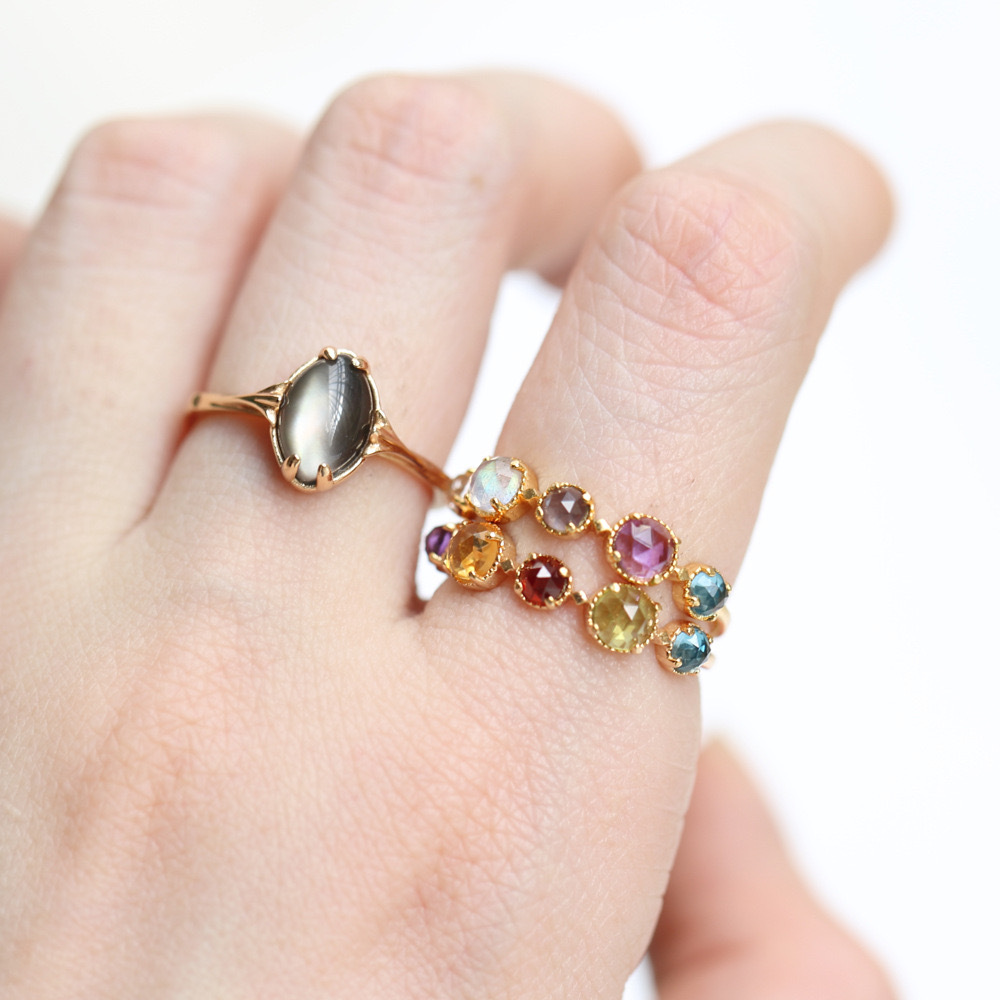 Natural Black Mother of Pearl Mop Shell Crystal Ring,Dainty Vintage Solitaire Rings for Women