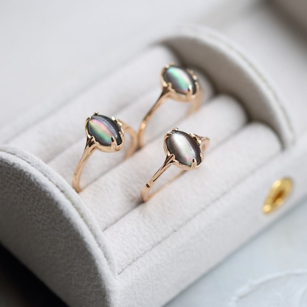 Natural Black Mother of Pearl Mop Shell Crystal Ring,Dainty Vintage Solitaire Rings for Women
