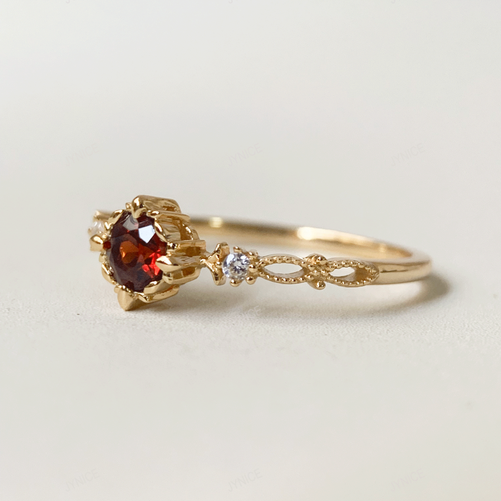 Natural Garnet Promise Ring Gold Vintage Rings Unique May Birthstone Rings Bridal Wedding Anniversary Jewelry gift for Women 10k 14k 18k Solid Gold Ring