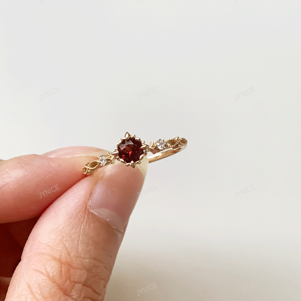 Natural Garnet Promise Ring Gold Vintage Rings Unique May Birthstone Rings Bridal Wedding Anniversary Jewelry gift for Women 10k 14k 18k Solid Gold Ring