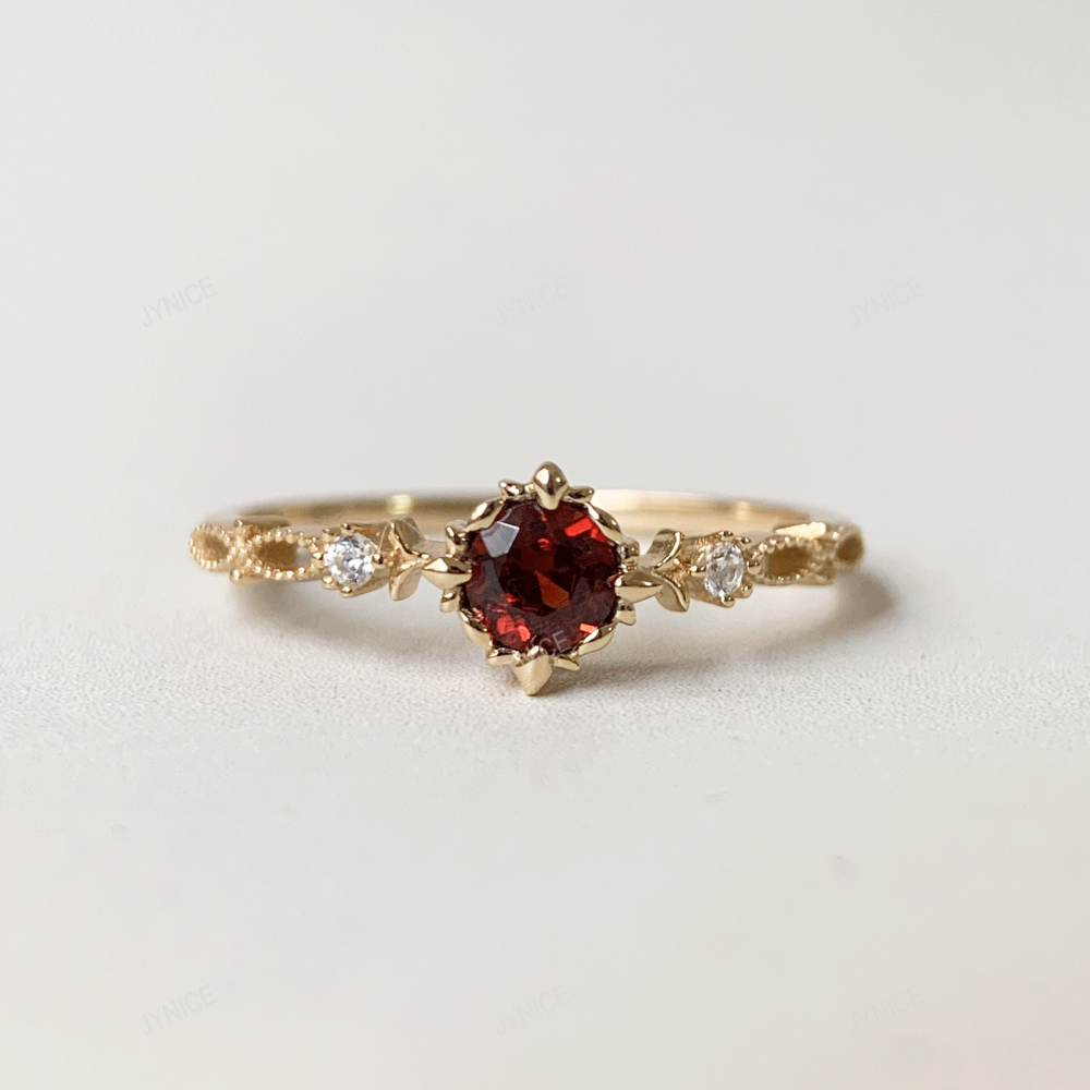 Natural Garnet Promise Ring Gold Vintage Rings Unique May Birthstone Rings Bridal Wedding Anniversary Jewelry gift for Women 10k 14k 18k Solid Gold Ring