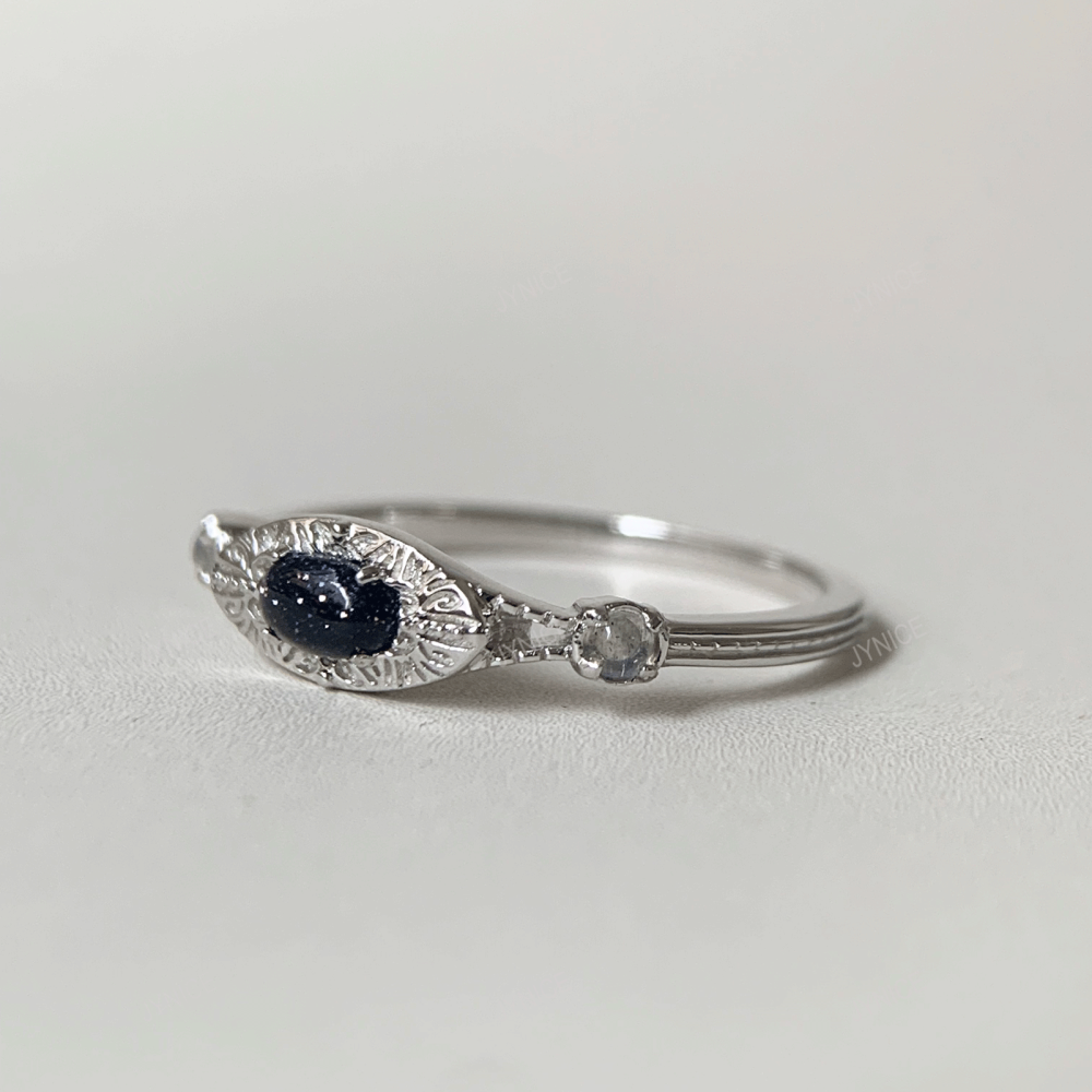 Blue Sandstone Promise Ring 925 Sterling Silver Vintage Oval Engagement Rings for Women Wedding Anniversary Jewelry 10k 14k 18k Solid Gold