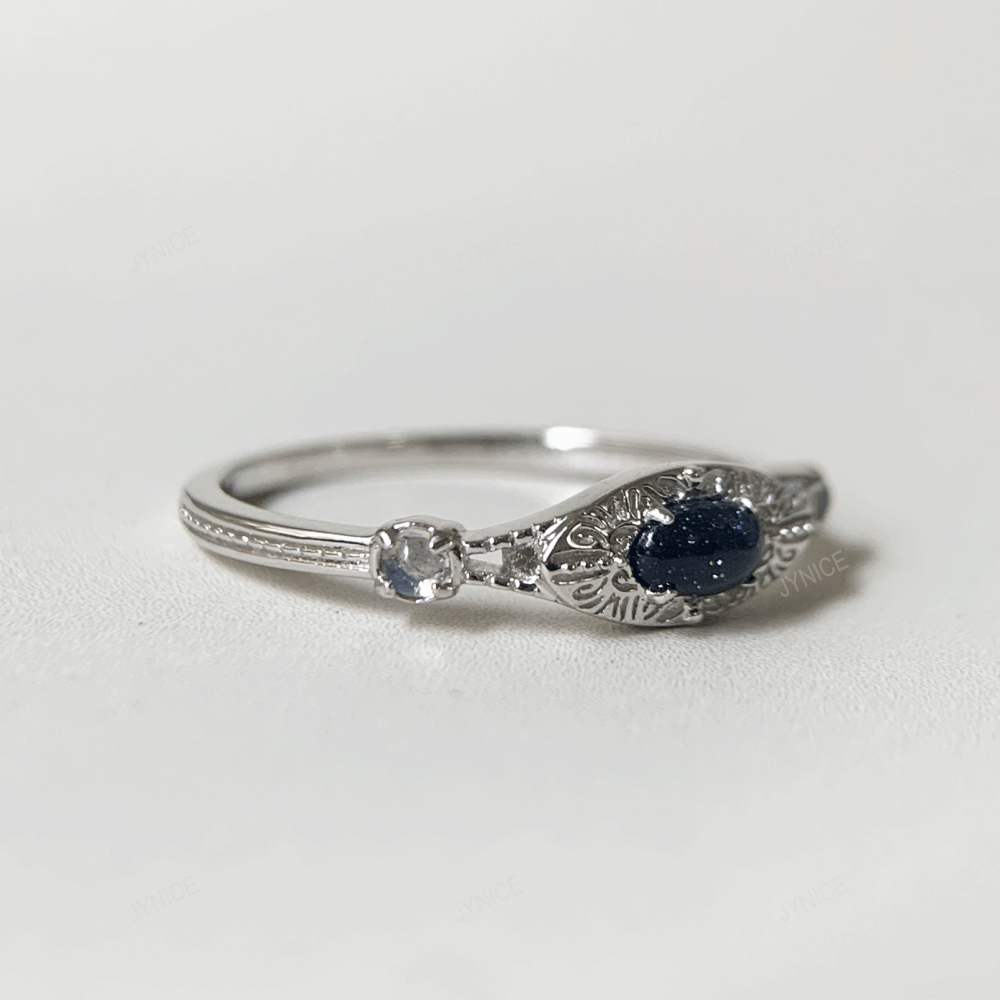 Blue Sandstone Promise Ring 925 Sterling Silver Vintage Oval Engagement Rings for Women Wedding Anniversary Jewelry 10k 14k 18k Solid Gold