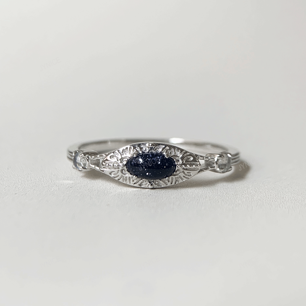 Blue Sandstone Promise Ring 925 Sterling Silver Vintage Oval Engagement Rings for Women Wedding Anniversary Jewelry 10k 14k 18k Solid Gold