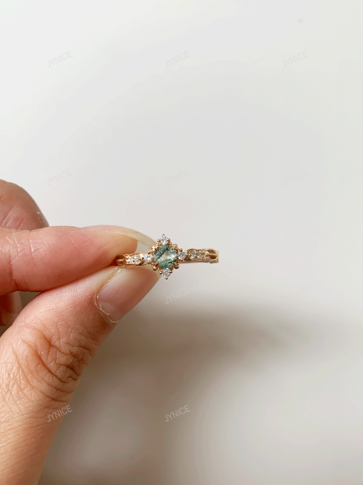 Natural Moss Agate Engagement Ring Gold Vintage Rings Unique Round Gemstone Promise Anniversary Jewelry gift for Women 10k 14k 18k Solid Gold CZ Halo Ring