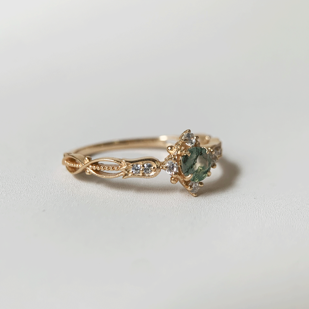 Natural Moss Agate Engagement Ring Gold Vintage Rings Unique Round Gemstone Promise Anniversary Jewelry gift for Women 10k 14k 18k Solid Gold CZ Halo Ring