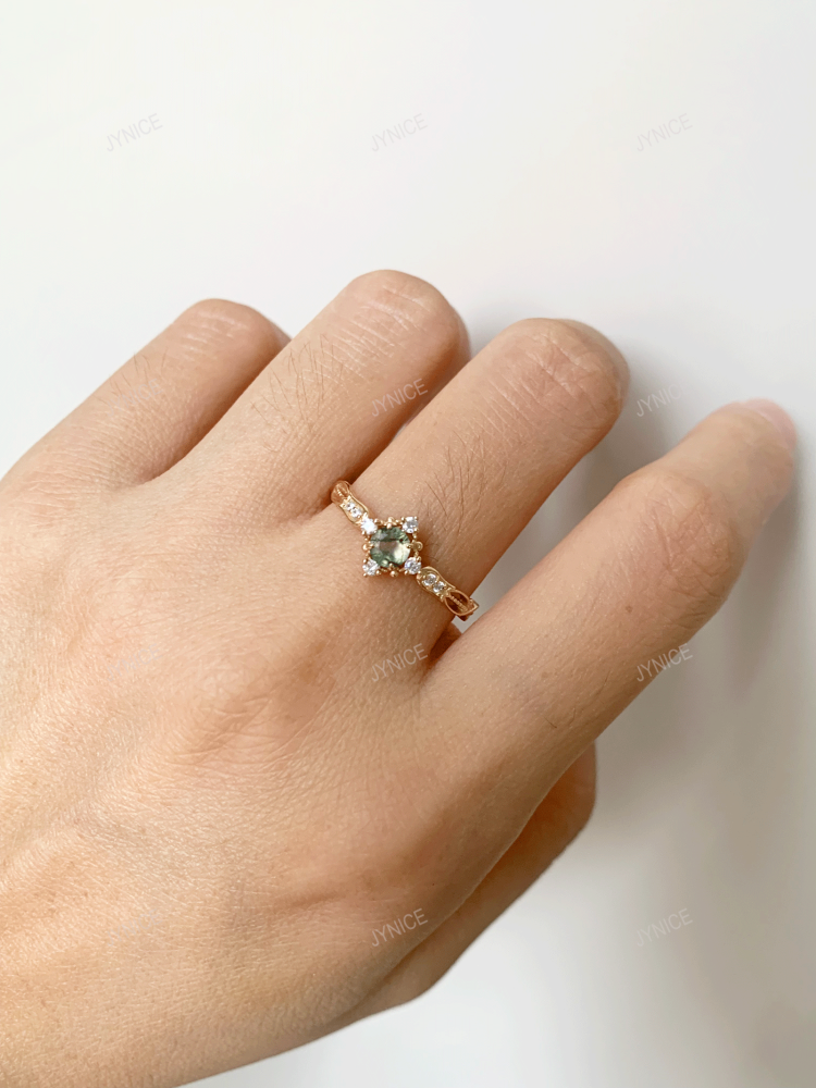 Natural Moss Agate Engagement Ring Gold Vintage Rings Unique Round Gemstone Promise Anniversary Jewelry gift for Women 10k 14k 18k Solid Gold CZ Halo Ring