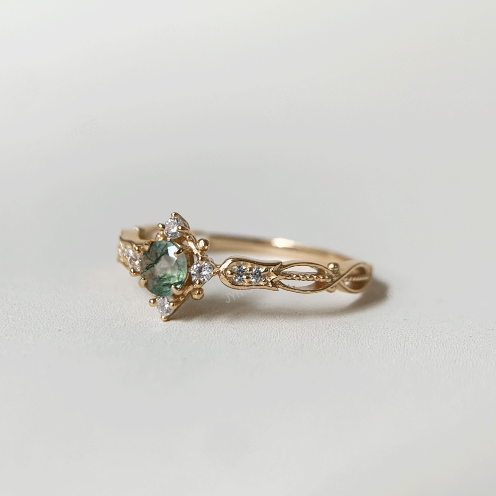 Natural Moss Agate Engagement Ring Gold Vintage Rings Unique Round Gemstone Promise Anniversary Jewelry gift for Women 10k 14k 18k Solid Gold CZ Halo Ring