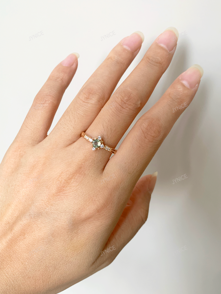 Natural Moss Agate Engagement Ring Gold Vintage Rings Unique Round Gemstone Promise Anniversary Jewelry gift for Women 10k 14k 18k Solid Gold CZ Halo Ring