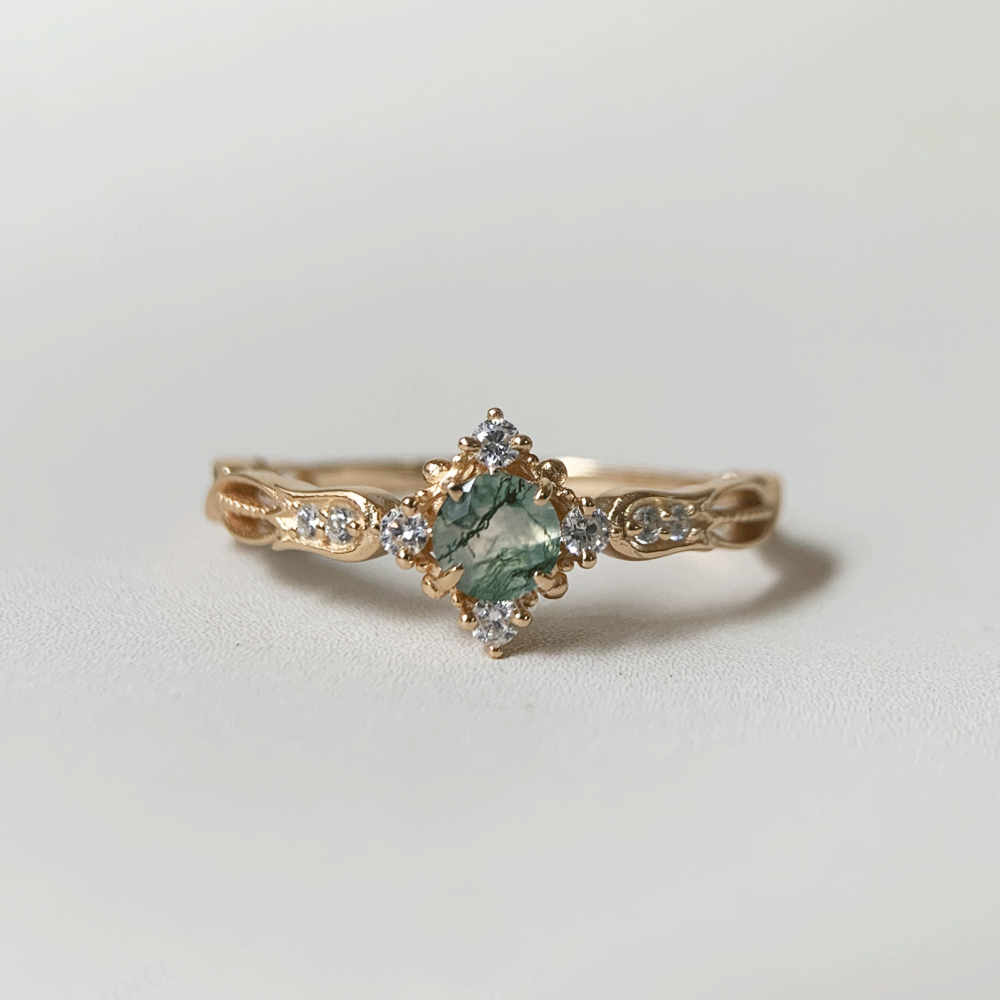 Natural Moss Agate Engagement Ring Gold Vintage Rings Unique Round Gemstone Promise Anniversary Jewelry gift for Women 10k 14k 18k Solid Gold CZ Halo Ring