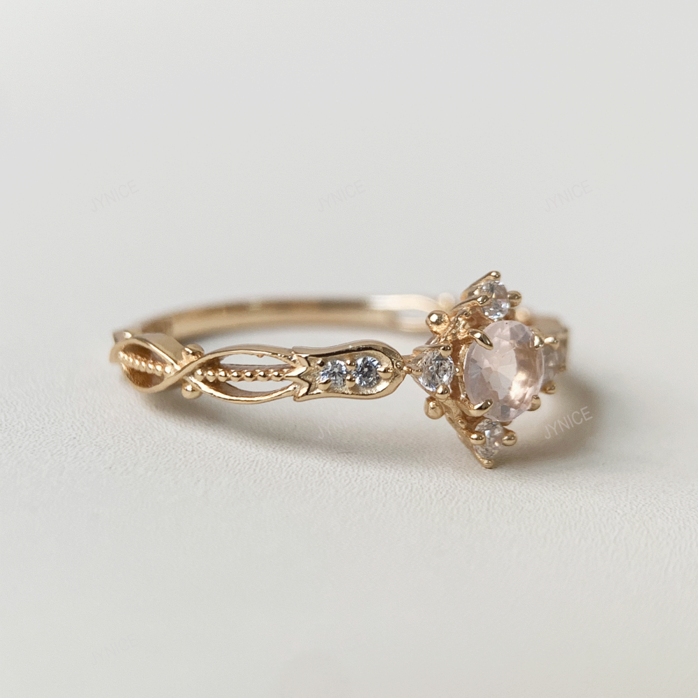 Natural Rose Quartz Ring Gold Dainty Round Pink Crystal Engagement Rings Cubic Zirconia Halo Wedding Anniversary Valentine's Day Christmas Jewelry Gift