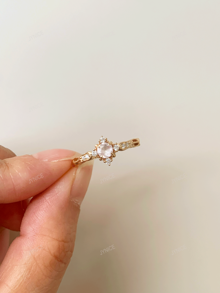 Natural Rose Quartz Ring Gold Dainty Round Pink Crystal Engagement Rings Cubic Zirconia Halo Wedding Anniversary Valentine's Day Christmas Jewelry Gift