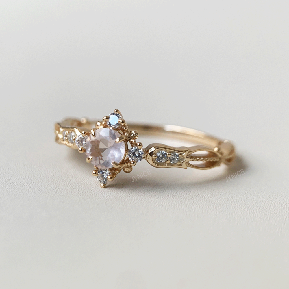 Natural Rose Quartz Ring Gold Dainty Round Pink Crystal Engagement Rings Cubic Zirconia Halo Wedding Anniversary Valentine's Day Christmas Jewelry Gift