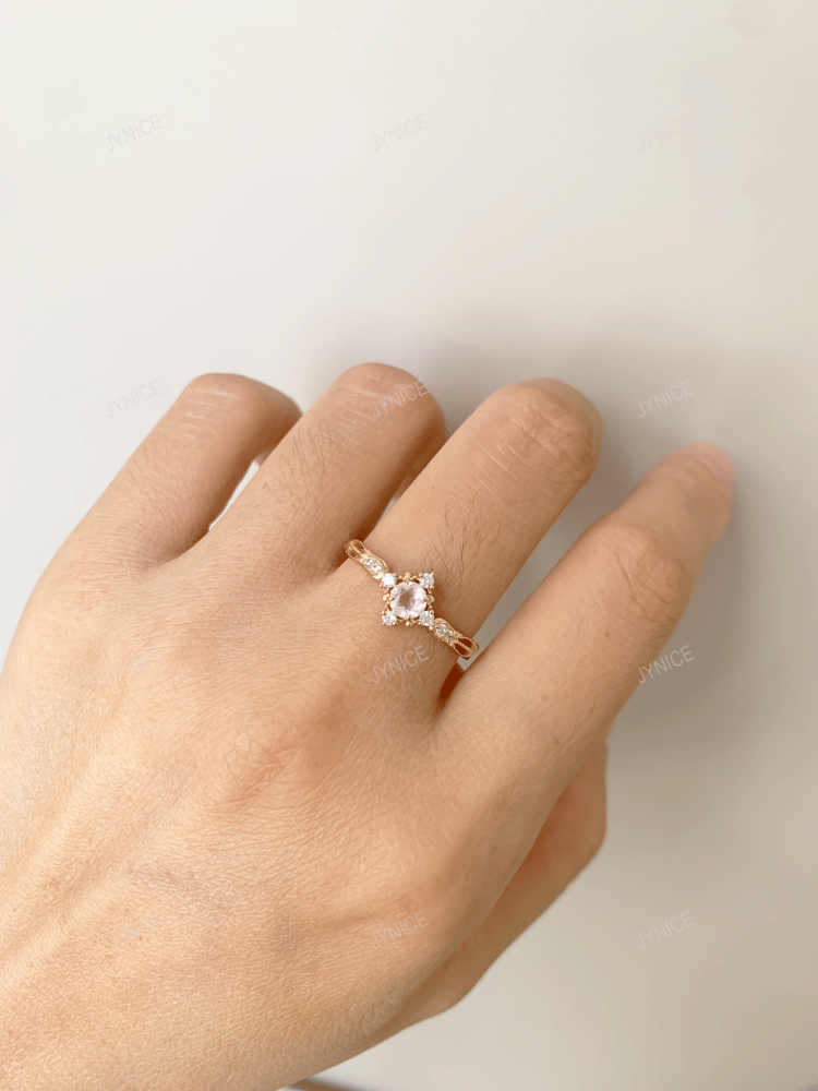 Natural Rose Quartz Ring Gold Dainty Round Pink Crystal Engagement Rings Cubic Zirconia Halo Wedding Anniversary Valentine's Day Christmas Jewelry Gift
