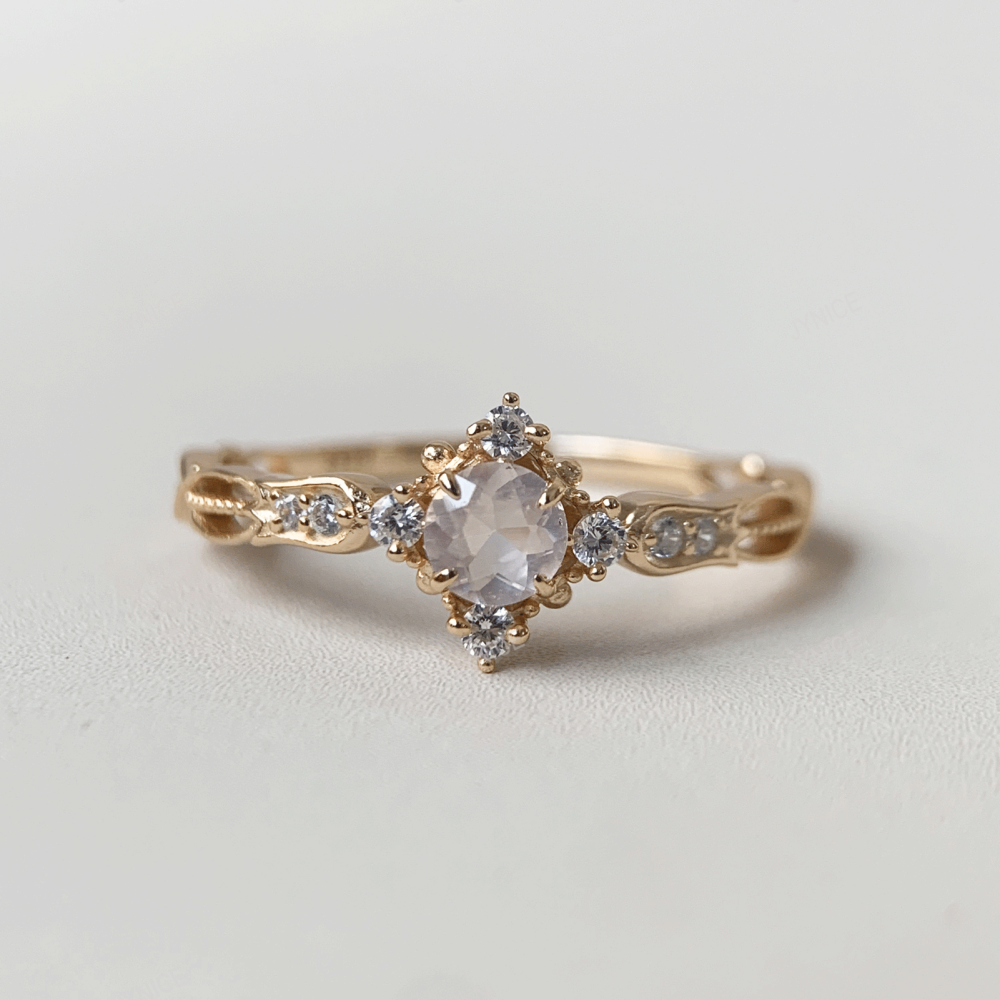 Natural Rose Quartz Ring Gold Dainty Round Pink Crystal Engagement Rings Cubic Zirconia Halo Wedding Anniversary Valentine's Day Christmas Jewelry Gift