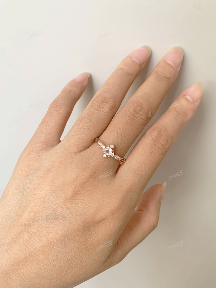 Natural Rose Quartz Ring Gold Dainty Round Pink Crystal Engagement Rings Cubic Zirconia Halo Wedding Anniversary Valentine's Day Christmas Jewelry Gift
