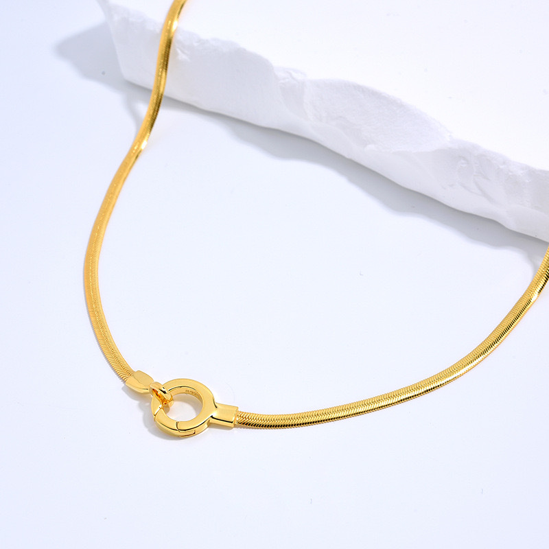 Italian Solid 925 Sterling Silver, Gold Plated Chain Necklaces, Snake Herringbone Necklace for Women, Circle Pendant