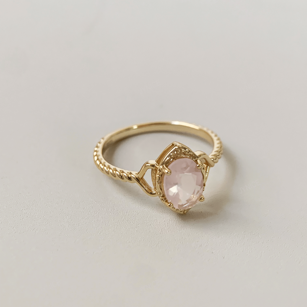 Natural Rose Quartz Ring Gold Oval Pink Crystal Engagement Rings Vintage Solitaire Wedding Anniversary Valentine's Day Christmas Jewelry Gift