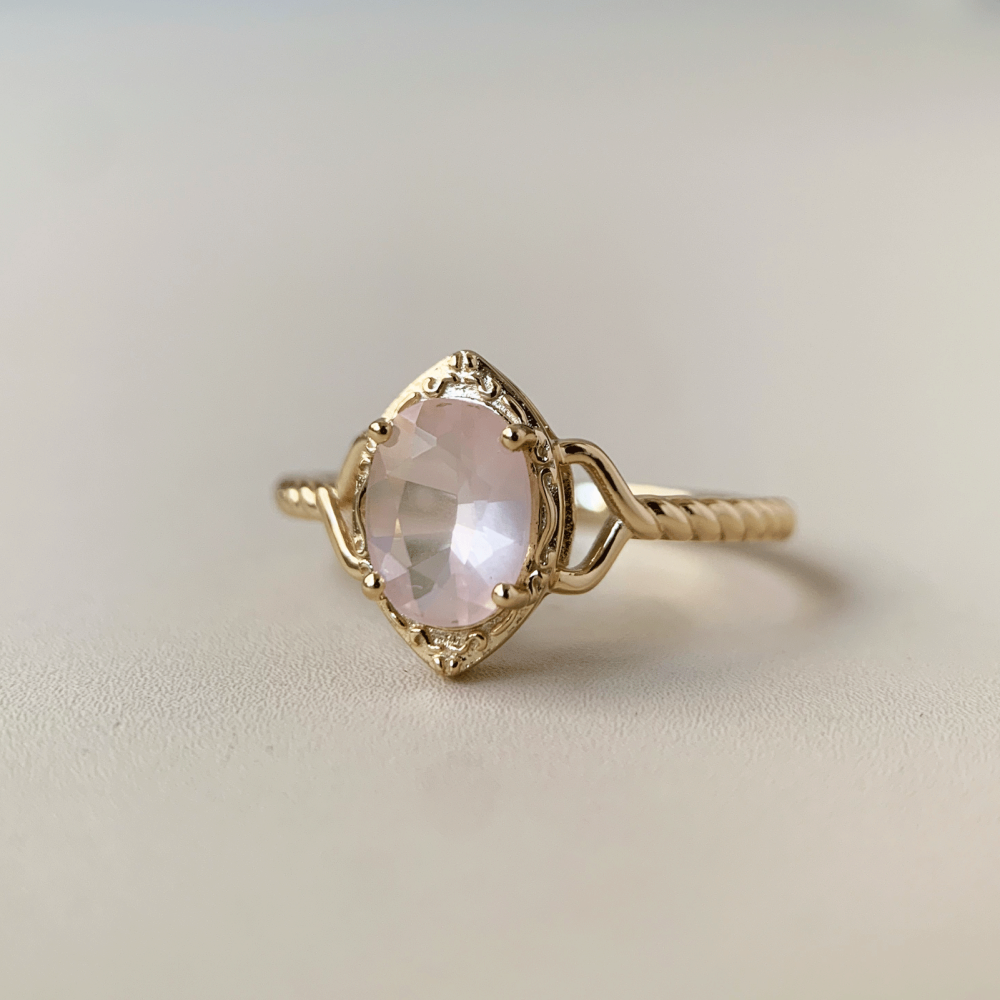 Natural Rose Quartz Ring Gold Oval Pink Crystal Engagement Rings Vintage Solitaire Wedding Anniversary Valentine's Day Christmas Jewelry Gift