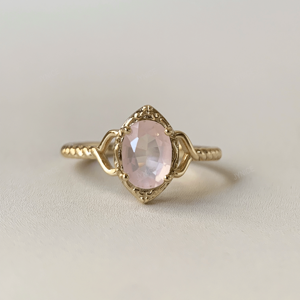 Natural Rose Quartz Ring Gold Oval Pink Crystal Engagement Rings Vintage Solitaire Wedding Anniversary Valentine's Day Christmas Jewelry Gift
