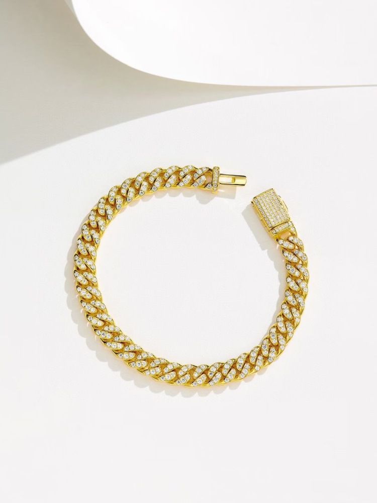 Cuban Link Bracelet for Women Hip-hop 18K Gold Plated Sterling Silver Iced Out Rhinestones Filled Chain Ankle Bracelets 6cm