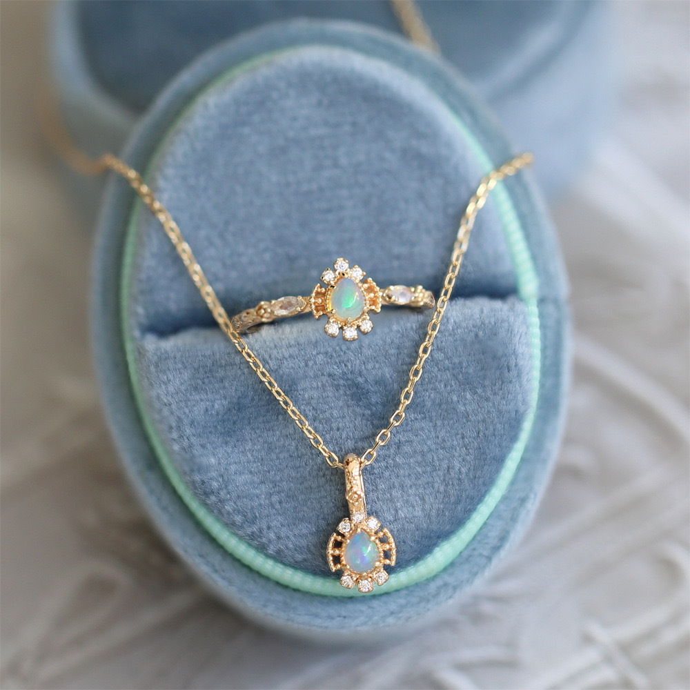 Dainty Opal Necklace Gold Plated 925 Sterling Silver Chain Necklaces for Women October Birthstone Jewelry Teardrop Blue Sandstone Ring Necklace Jewelry Set Christmas Gift