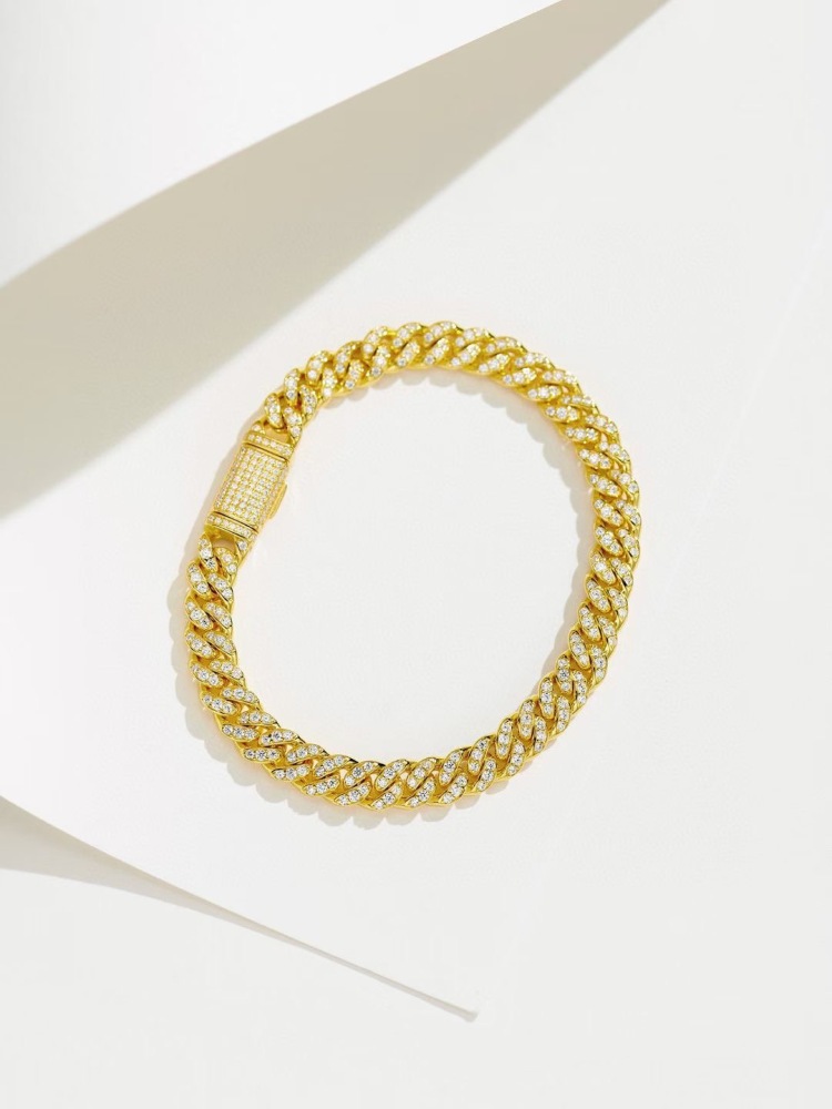 Cuban Link Bracelet for Women Hip-hop 18K Gold Plated Sterling Silver Iced Out Rhinestones Filled Chain Ankle Bracelets 6cm
