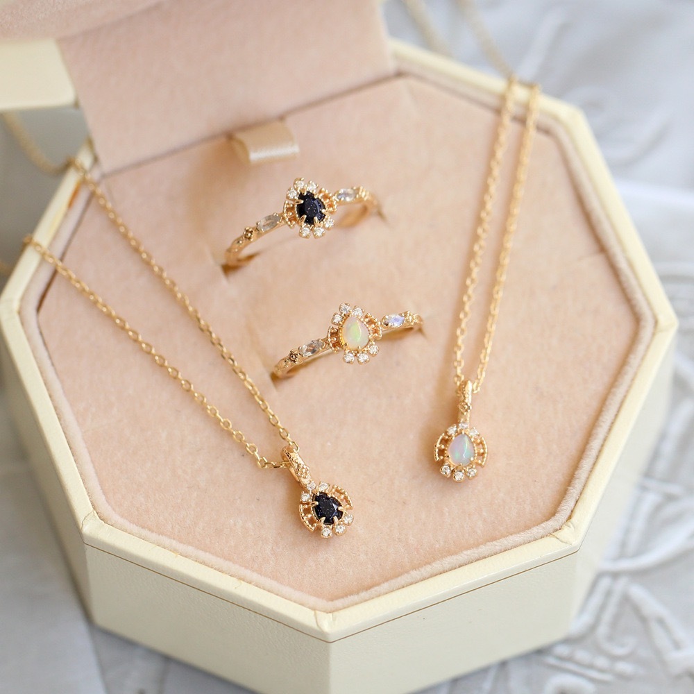 Dainty Opal Necklace Gold Plated 925 Sterling Silver Chain Necklaces for Women October Birthstone Jewelry Teardrop Blue Sandstone Ring Necklace Jewelry Set Christmas Gift