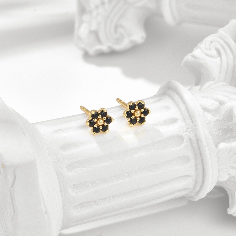 Dainty Black Onyx Stud Earrings Gold Plated Sterling Silver Flower Gemstone Necklace for Women Bridal Jewelry Set Tiny Studs