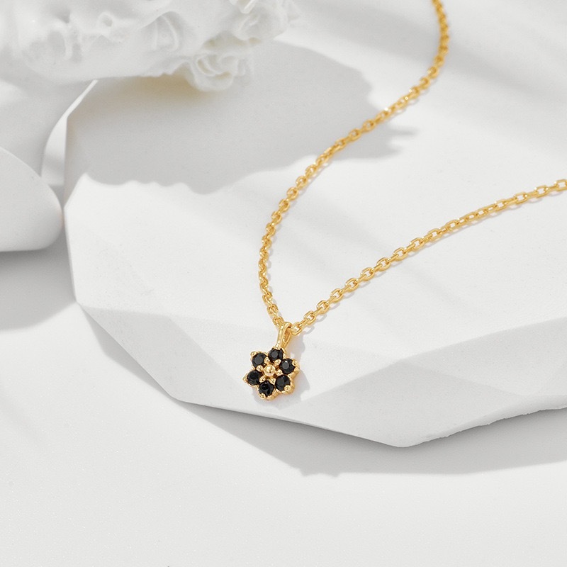 Dainty Black Onyx Stud Earrings Gold Plated Sterling Silver Flower Gemstone Necklace for Women Bridal Jewelry Set Tiny Studs