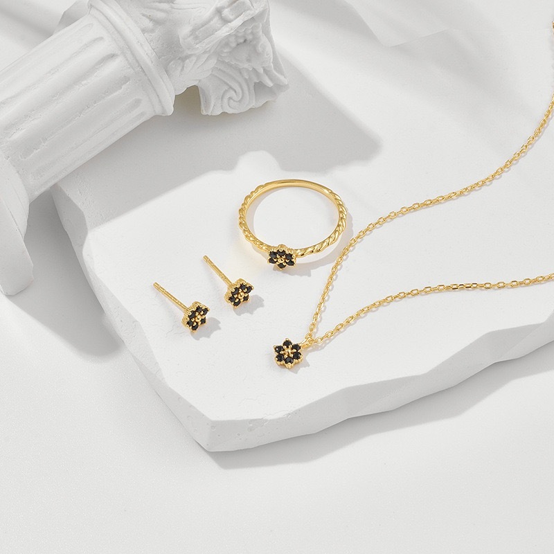 Dainty Black Onyx Stud Earrings Gold Plated Sterling Silver Flower Gemstone Necklace for Women Bridal Jewelry Set Tiny Studs