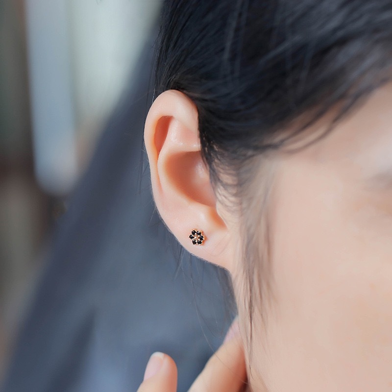Dainty Black Onyx Stud Earrings Gold Plated Sterling Silver Flower Gemstone Necklace for Women Bridal Jewelry Set Tiny Studs