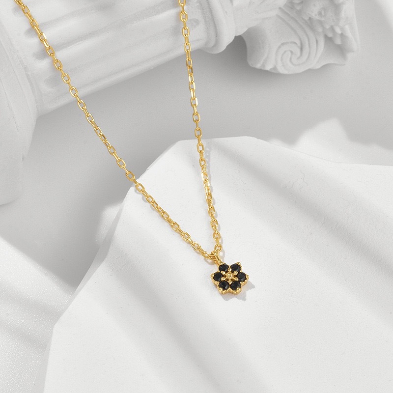 Dainty Black Onyx Stud Earrings Gold Plated Sterling Silver Flower Gemstone Necklace for Women Bridal Jewelry Set Tiny Studs