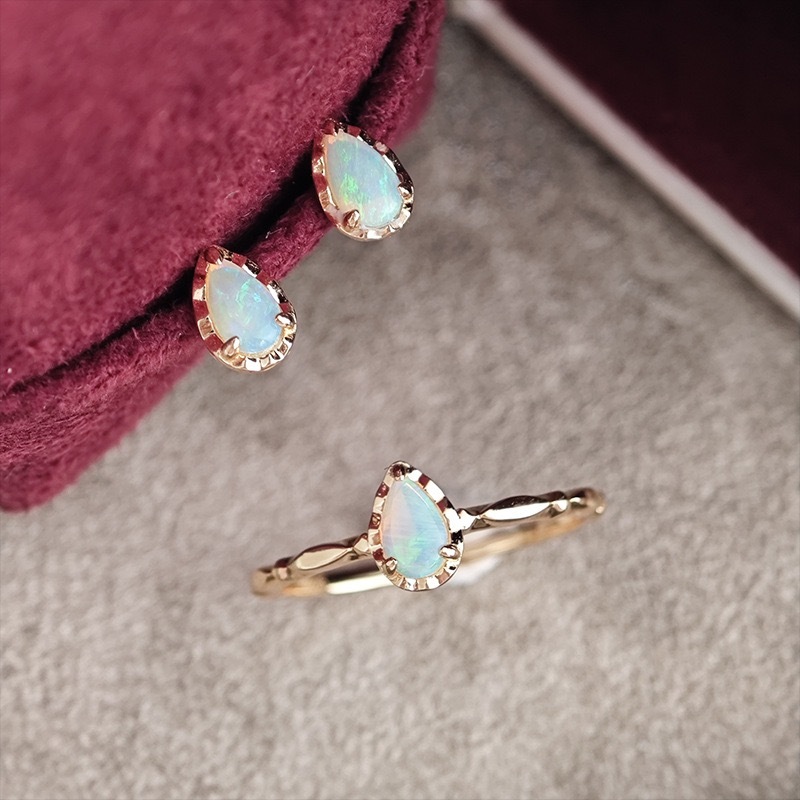 Dainty Opal Promise Ring Vintage Gold Pear Cut Sterling Silver Solitaire Rings Stackable October Birthstone Stud Earrings Unique Anniversary Jewelry Set