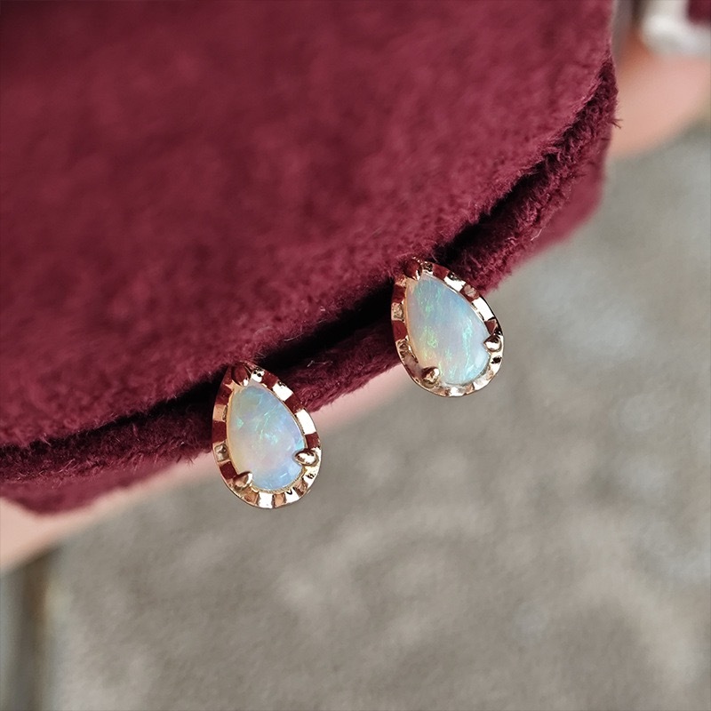 Dainty Opal Promise Ring Vintage Gold Pear Cut Sterling Silver Solitaire Rings Stackable October Birthstone Stud Earrings Unique Anniversary Jewelry Set