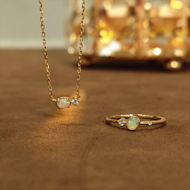 Dainty Opal Jewelry Set Gold Oval Natural Opal Ring Sterling Silver Cubic Zirconia Necklace October Birthstone Unique Anniversary Gift